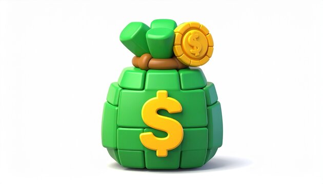 3D Financial Money Bag Icon with Dollar Sign on Clean White Background