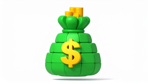 3D Money Bag Icon in Green and Yellow with Dollar Sign