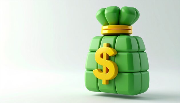 3D Green Money Bag Icon with Yellow Dollar Sign Isolated on White Background