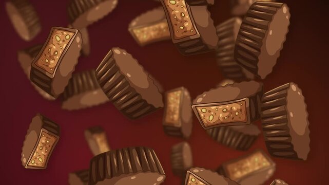 Animated Falling Chocolate Peanut Butter Cups and Nut Bars on Red Background
