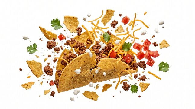 Deconstructed Exploding Crunchy Beef Taco with Flying Tortilla Shell, Seasoned Minced Beef, Diced Tomatoes, Shredded Cheese, Sour Cream, and Cilantro Isolated on White Background