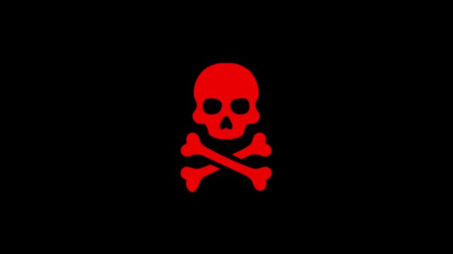 Red skull and crossbones warning symbol animation on black background