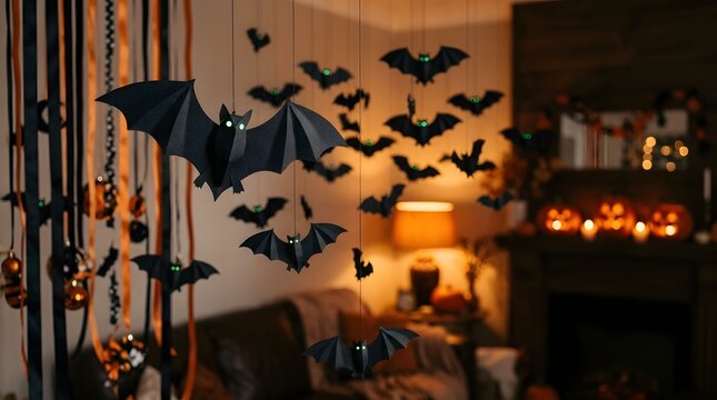 Black paper bat decorations hanging in a festive room beautifully designed