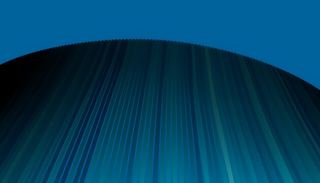 Curved modern building with vertical metal facade under blue sky