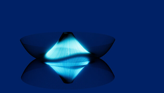 Wireframe cone with blue glow and reflective surface