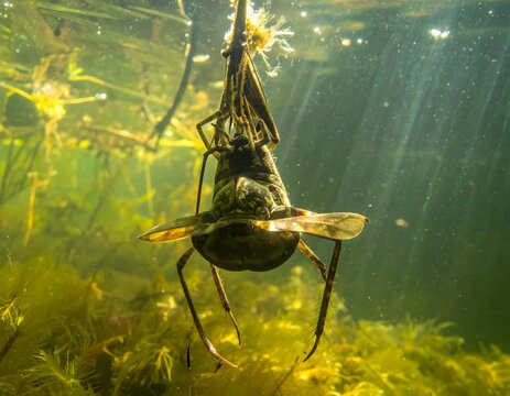Giant Water Bug Clinging to Plant Underwater Amidst Green Aquatic Life