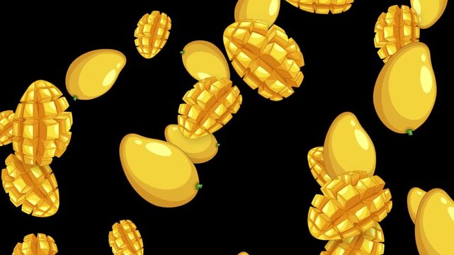 Falling Whole and Sliced Mango Fruit Animation on Black Background
