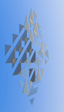 Abstract striped triangular shapes floating on blue background