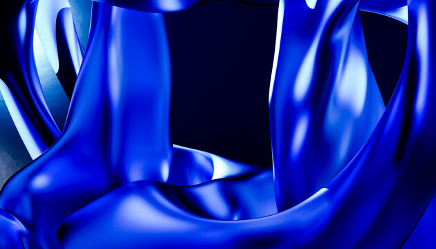 Blue shiny fabric with smooth draping and folds