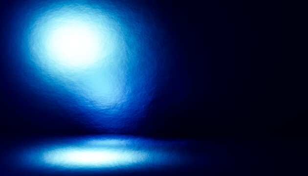 Blue bright light reflection on a dark shiny surface with glowing