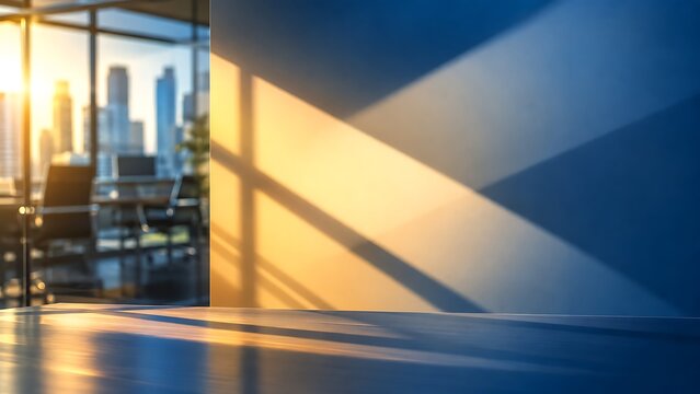 Modern Office Interior Background with Table Product Display and Golden Sunset Light