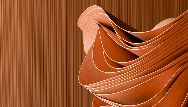 Stacked curved thin wood sheets showing natural wood grain texture