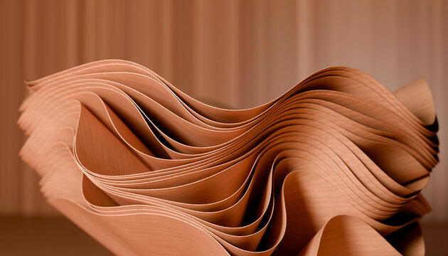 Curved layered thin wood sheets creating abstract sculptural form
