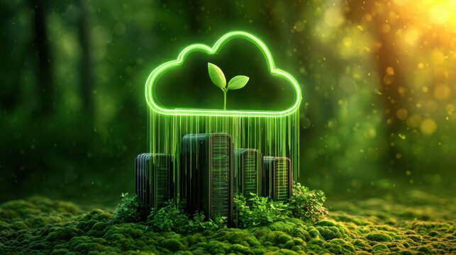 A glowing green cloud with a sprout above a cityscape symbolizes eco-friendly technology and sustainable urban growth in a vibrant natural environment.