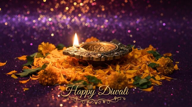 Diwali diya lamp on marigold petals with purple background