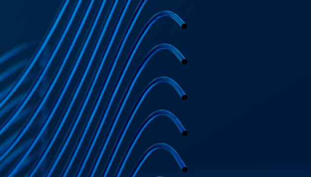 Blue flexible curved tubes in abstract dark background
