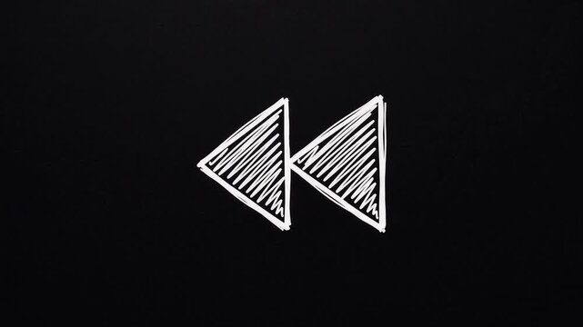 Rewind Button Icon Drawn in Chalk on Black Background, Retro Media Player Control