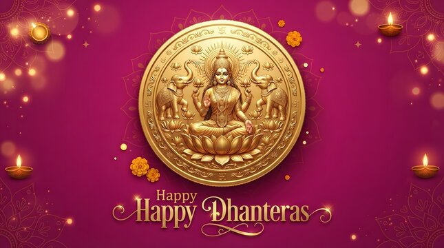 Happy dhanteras greeting with goddess lakshmi and golden diya