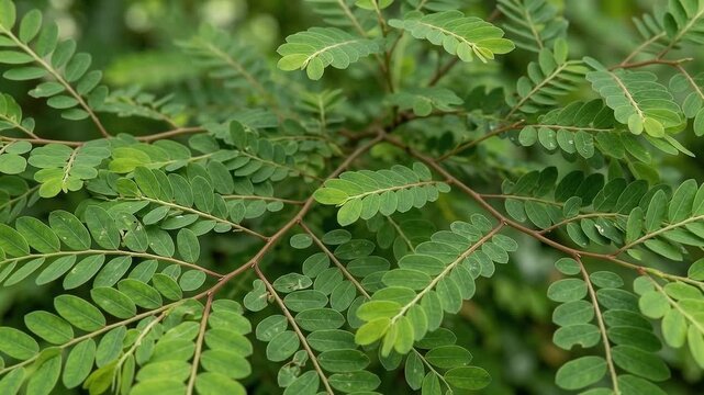Green Phyllanthus Niruri Plant Leaves, Natural Herbal Medicine, Close-up Macro Shot
