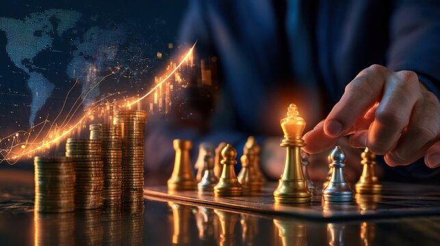 A hand moves a golden king chess piece with stacks of coins and a rising digital graph symbolizing financial growth and strategy.
