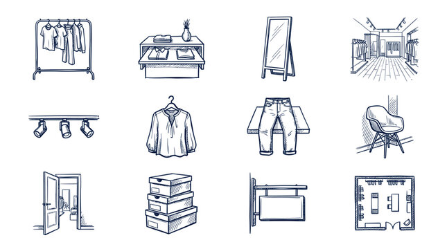 Collection of hand-drawn sketches depicting various elements of a clothing store interior and apparel.