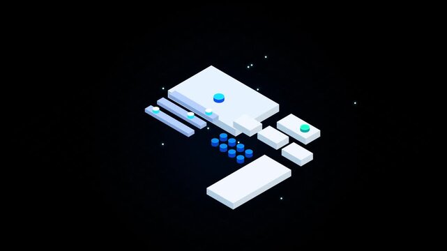 Abstract isometric digital blocks and spheres moving on dark grid background with glowing particles.