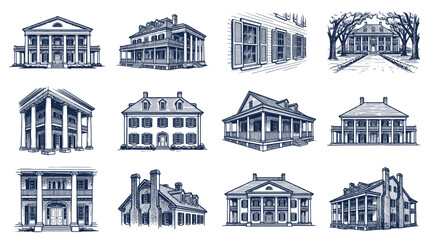 Naklejka premium Collection of Hand-Drawn Southern Plantation Houses and Antebellum Mansions.
