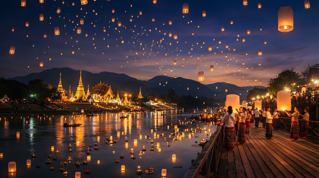 Loy krathong festival with floating lanterns and temple