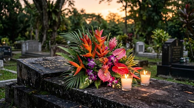 Vibrant tropical flowers and lit candles on a stone grave
