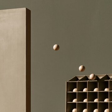 Weekly pill organiser with floating pale spheres on a muted sage green board, featuring a smooth matte finish for health and habit tracking apps