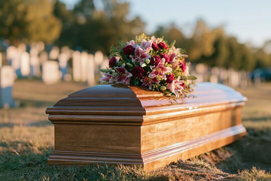 Polished wooden casket with a red lily bouquet resting by an open grave in a hillside cemetery, a solemn scene for funeral and bereavement services