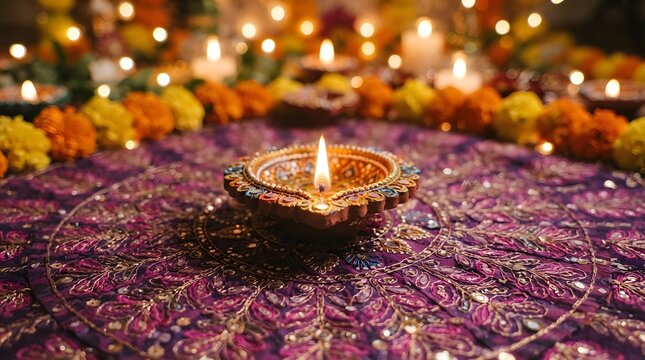 Traditional diya lamp on ornate fabric for diwali