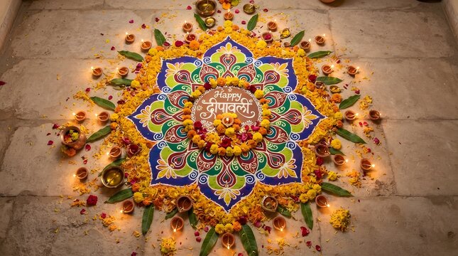 Diwali rangoli design with marigold flowers and lit diyas