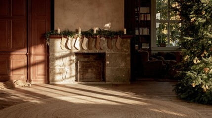 Naklejka premium Stone hearth with hanging stockings in a cozy paneled living room, featuring a warm matte patina and soft daylight for holiday home decor