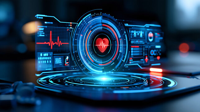 Artificial intelligence healthcare interface analyzing patient data in real time, predictive medicine, smart diagnostics, medical technology, with copy space