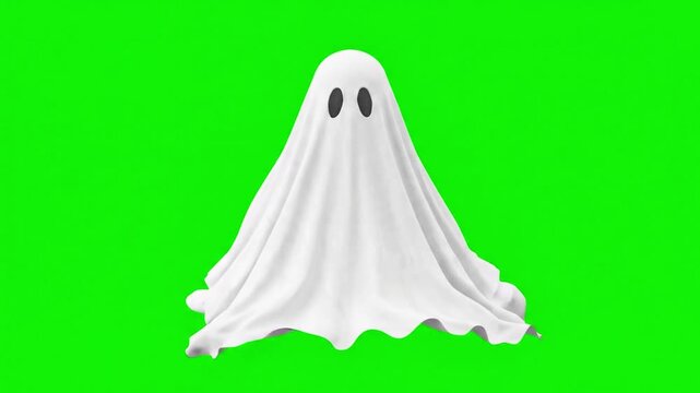 White ghost character on a green screen background,chroma key