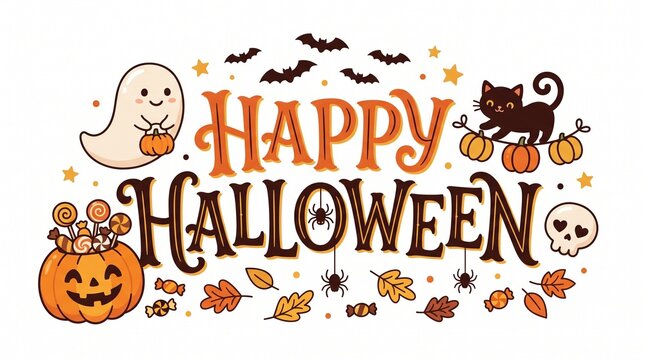 Happy Halloween vector illustration with cute ghost, black cat, pumpkin, and bats on white background