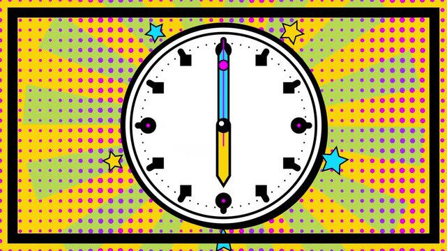Pop Art Illustration of a Retro Clock with a Pencil as the Minute Hand against a Vibrant Halftone Radial Background Representing Creative Deadlines