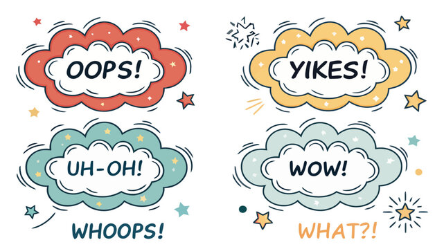 Playful cartoon speech bubbles express surprise