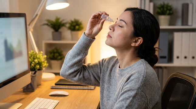 Woman with eye drops at PC, applying them in a modern home office  