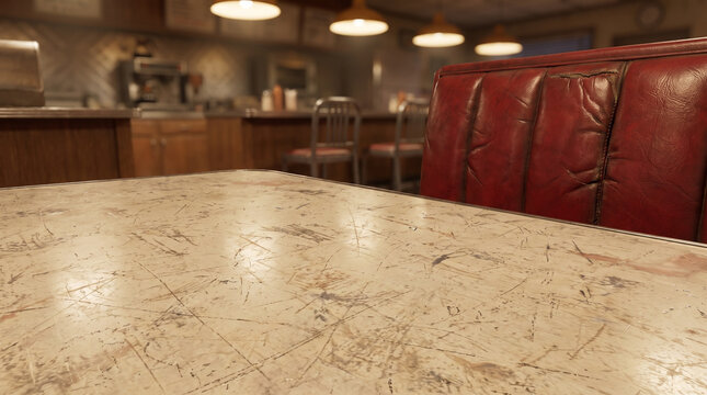Empty booth in highway cafe with worn table and red vinyl seats  