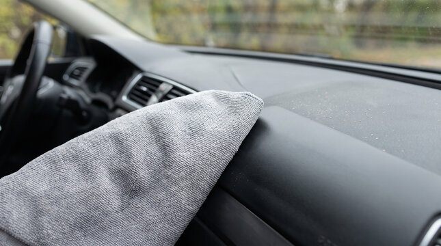 Driver wiping dashboard inside a car with a cloth  