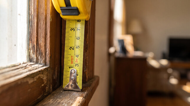 Measuring tape on window sill for curtain installation preparation  