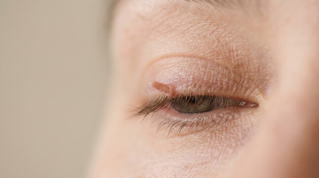 Close-up view of skin tag acrochordon on female upper eyelid