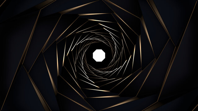 Black gold polygonal spiral light and shadow tunnel composition pattern