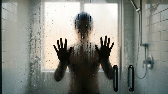 Silhouette of a person behind a steamy shower glass with hands pressed against it