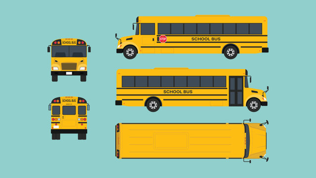 Yellow school bus set with front, rear, side, and top views for student transportation, school routes, and road safety education, flat vector illustration