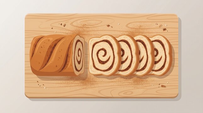 Sliced cinnamon bread loaf flat design showing beautiful spiral layers on a wooden board with cinnamon powder, ideal for bakery, breakfast and food packaging concepts.