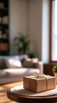 Wrapped Kraft Paper Gift Box Tied with Twine Vertical View in Cozy Living Room