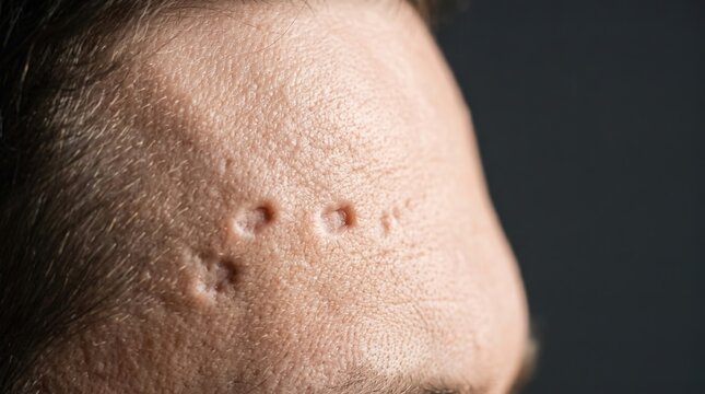 Depressed acne scars and pitted icepick marks on male forehead